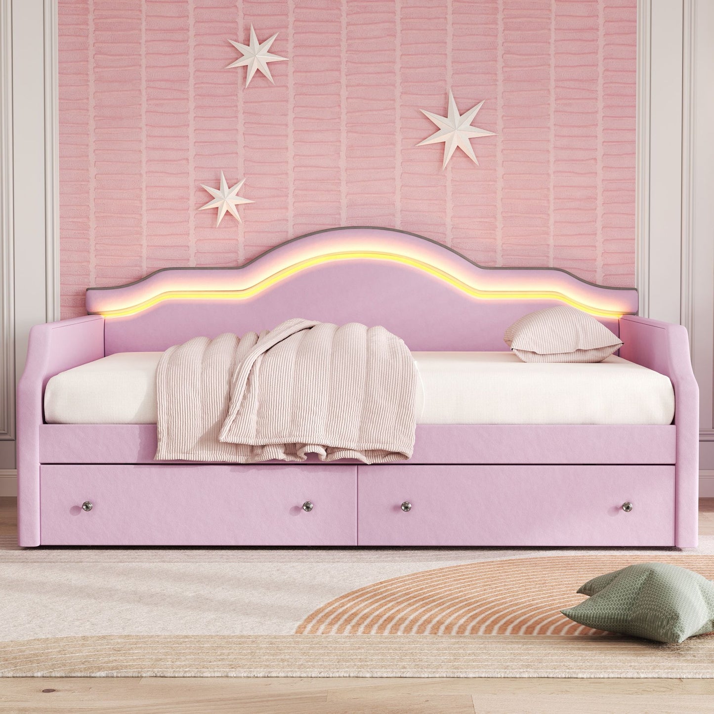 Upholstered Daybed With LED Lights And 2 Drawersme