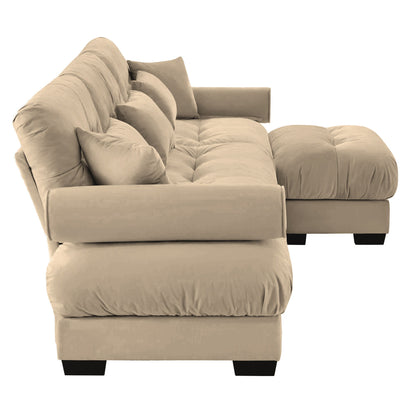 Modern Sectional Sofa With Ottoman, Round Bolster Armrests, Waist And Throw Pillows