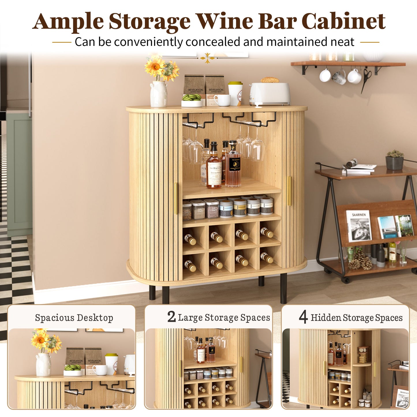 Fluted Wine Bar Cabinet With 8 Grid Wine Rack, 5 Level Adjustable Shelves, 2 Glass Holders