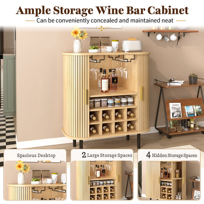 Fluted Wine Bar Cabinet With 8 Grid Wine Rack, 5 Level Adjustable Shelves, 2 Glass Holders