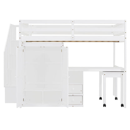 Loft Bed With Stairs, Bookshelf, Drawers, Desk & Wardrobe, Space Saving Multifunctional Furniture