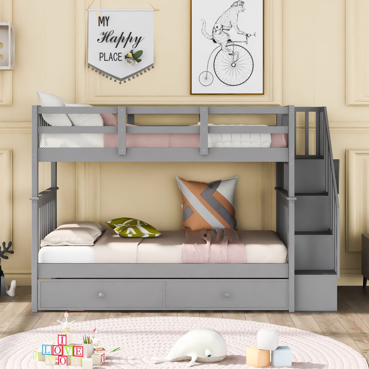 Stairway Bunk Bed With Storage And Guard Rail For Bedroom