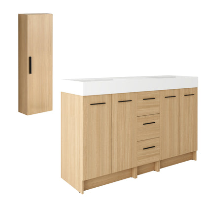 Double Sink Bathroom Vanity Set With Tall Linen Cabinet, 3 Drawers, Extra Large Storage, Integrated Sink, Freestanding Cabinet - Light Oak / White
