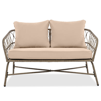 Bohemia-Inspired 4 Person Outdoor Seating Group With Removable Cushions, Conversation Patio Set With Wood Tabletop - Beige
