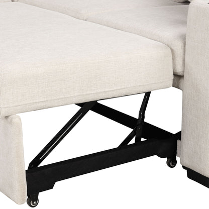 Modern 2 Seater Loveseat Sofa With Pull-Out Bed, Fabric, Built-In USB Ports & Cup Holders