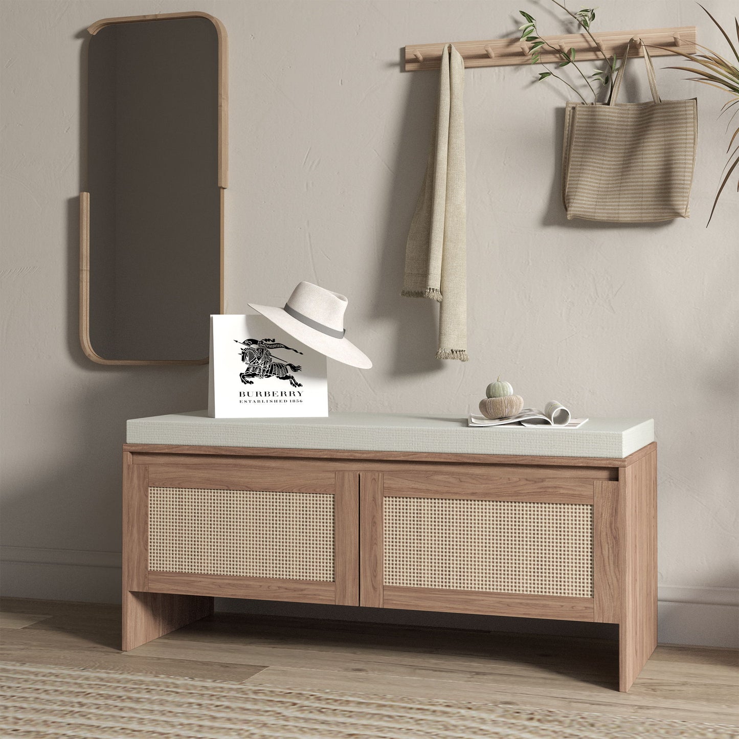 Storage Bench With Cushion, Shoe Cabinet With 2 Doors - Antique Natural / Rattan