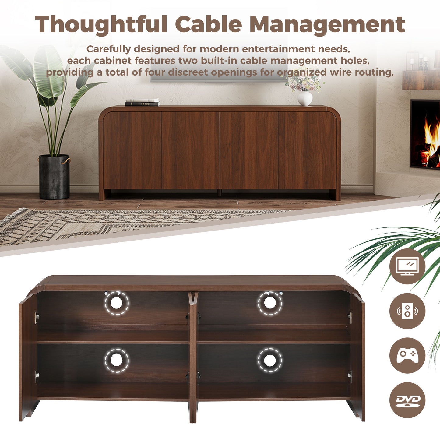Curved Edge TV Stand With Large Cabinets