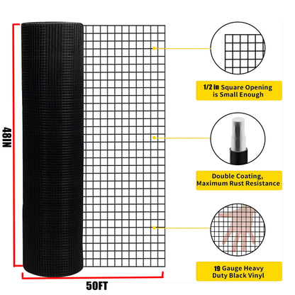 Vinyl Coated Hardware Cloth, 19 Gauge, For Poultry Cages And Home Improvement - Black