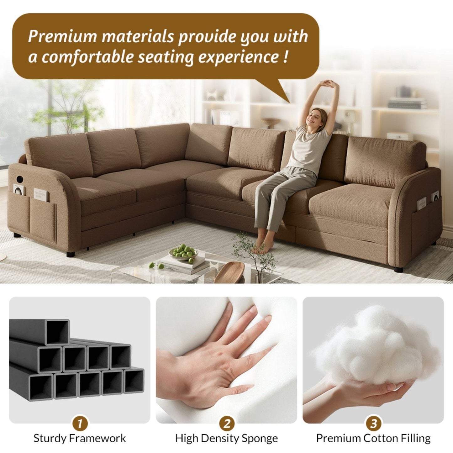 L-Shaped Couch With Pull-Out Bed, Convertible Sleeper Sofa With Side Pocket & USB Port