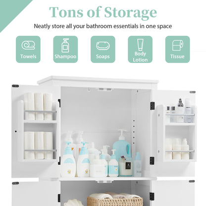 Elegant Bathroom Floor Storage Cabinet With 4 Doors, Adjustable Shelves