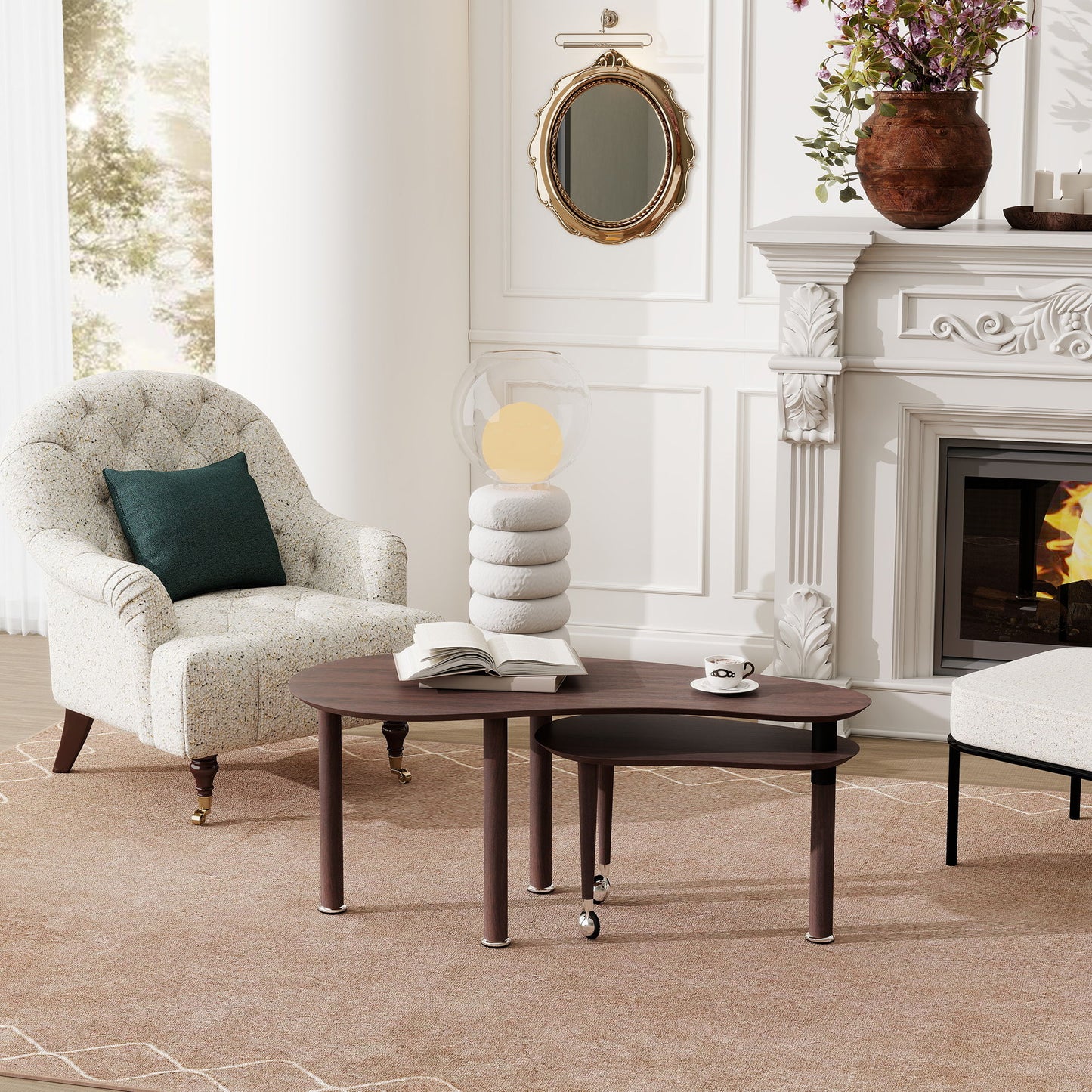 Rotatable Coffee Table With Solid Legs, 360 Degree Swivel, Waterproof - Walnut
