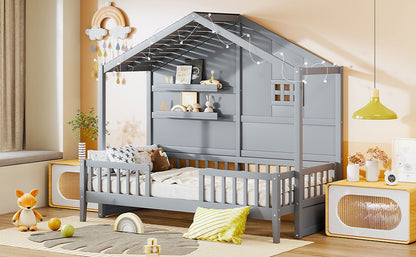 House Bed With Shelves, Window And Sparkling Light Strip On The Roof