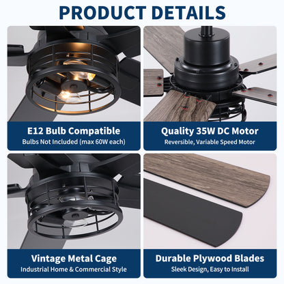 Ceiling Fan With Light, Dual‑Sided Matte Black & Wood Grain Blades - Black