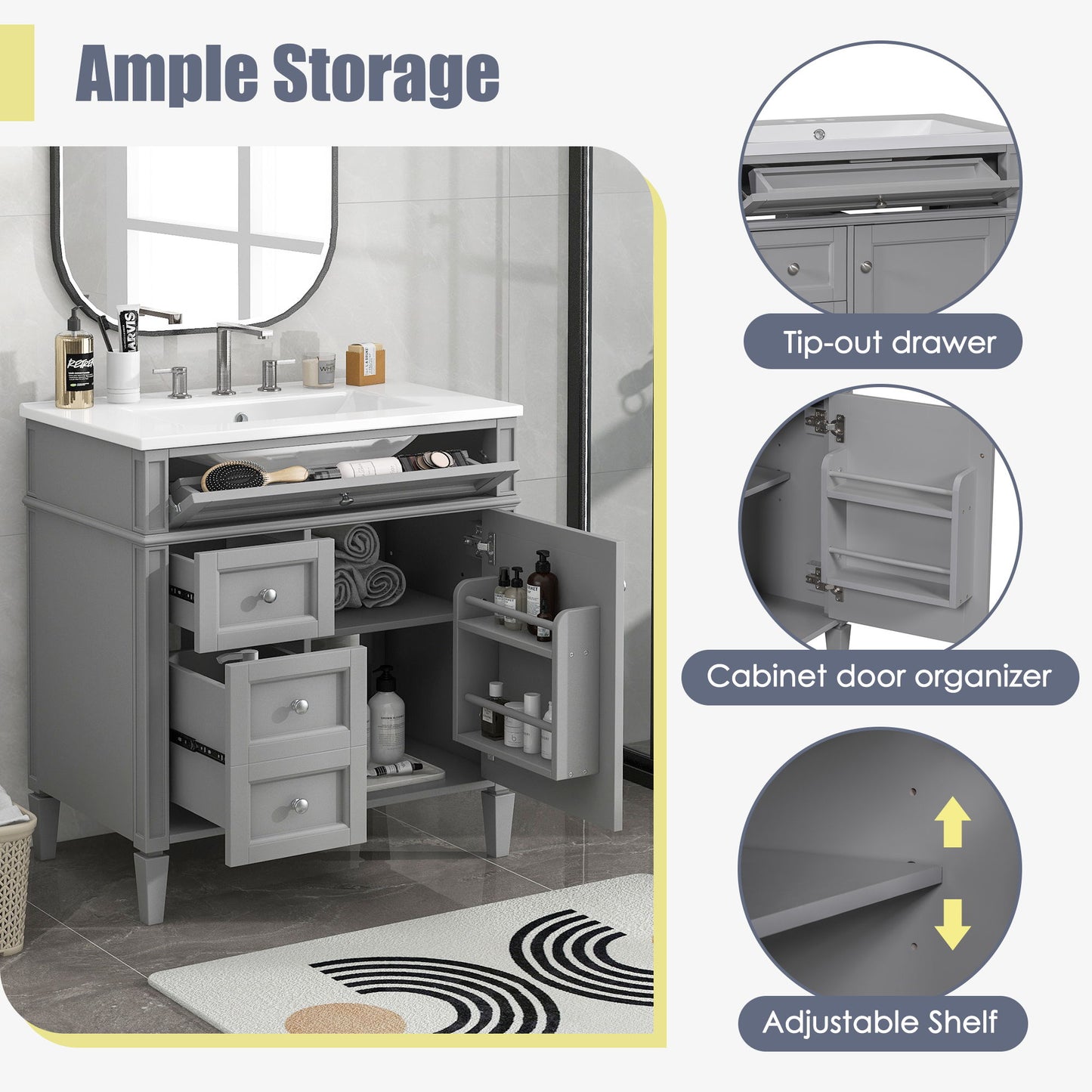 Bathroom Vanity With Top Sink, Storage Cabinet With 2 Drawers, Tip Out Drawer