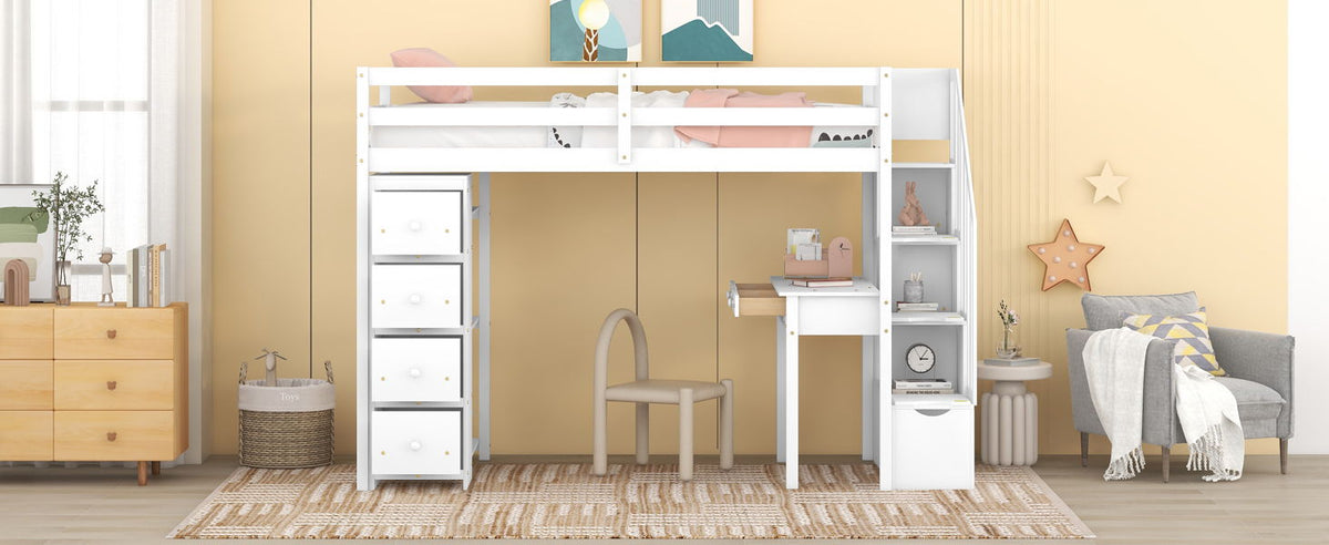 Loft Bed With Storage Drawers, Desk And Stairs With Shelves