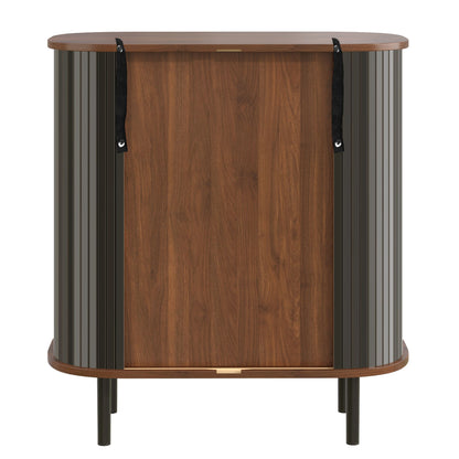 Fluted Wine Bar Cabinet With 8 Grid Wine Rack, 5 Level Adjustable Shelves, 2 Glass Holders