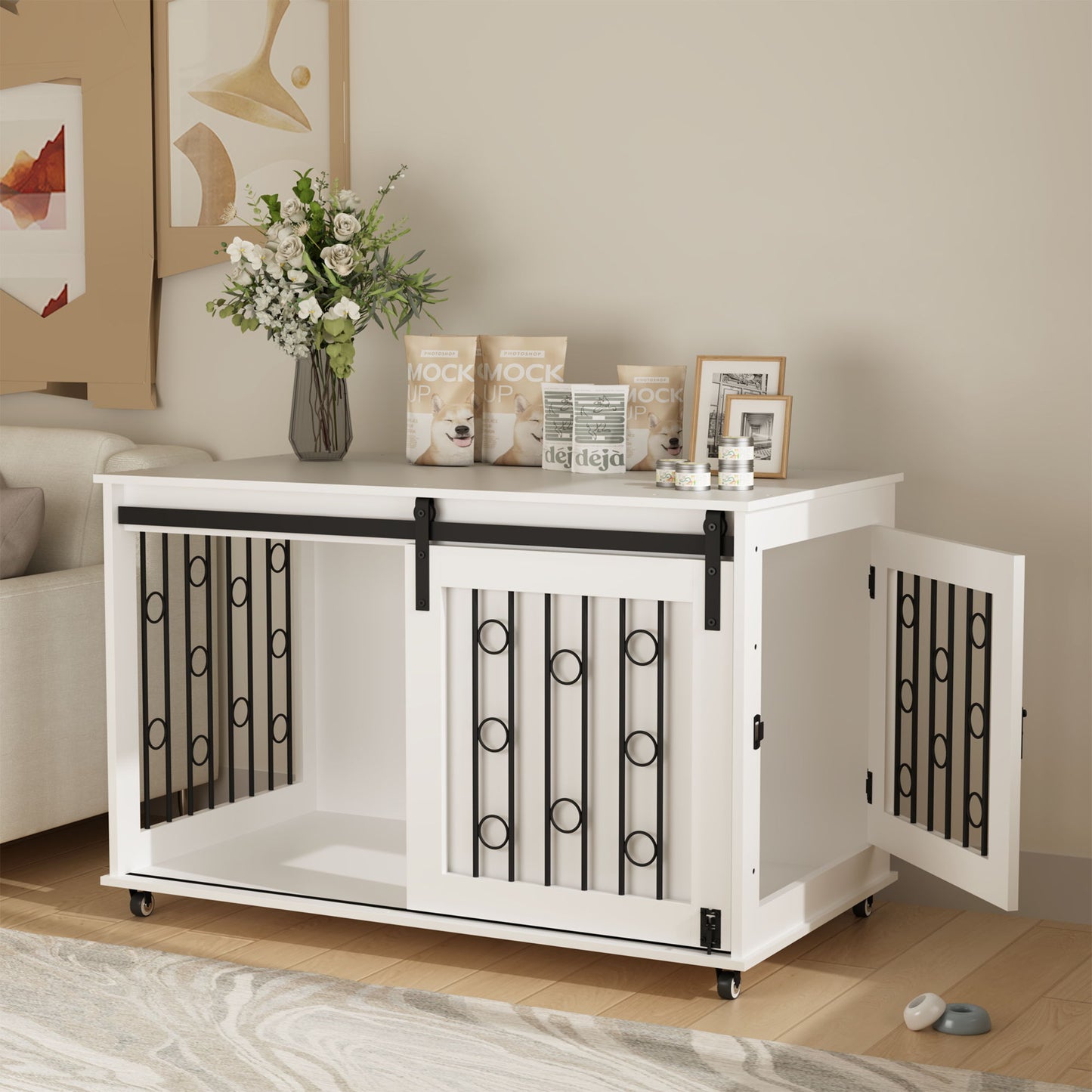 Dog Crate With Sliding Barn Door And Side Access, Lockable Wheels For Small To Medium Dogs - White