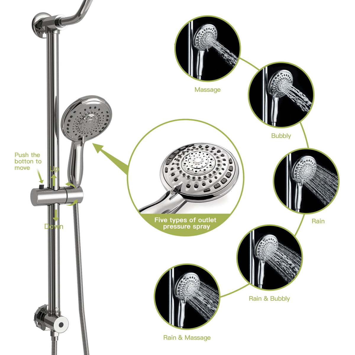 Shower System With 5 Function Rain Hand Shower And Slide Bar Combo