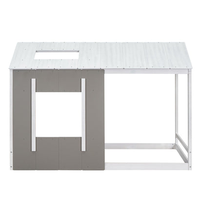 Twin Size House Platform Bed With Roof And Window - Natural / White