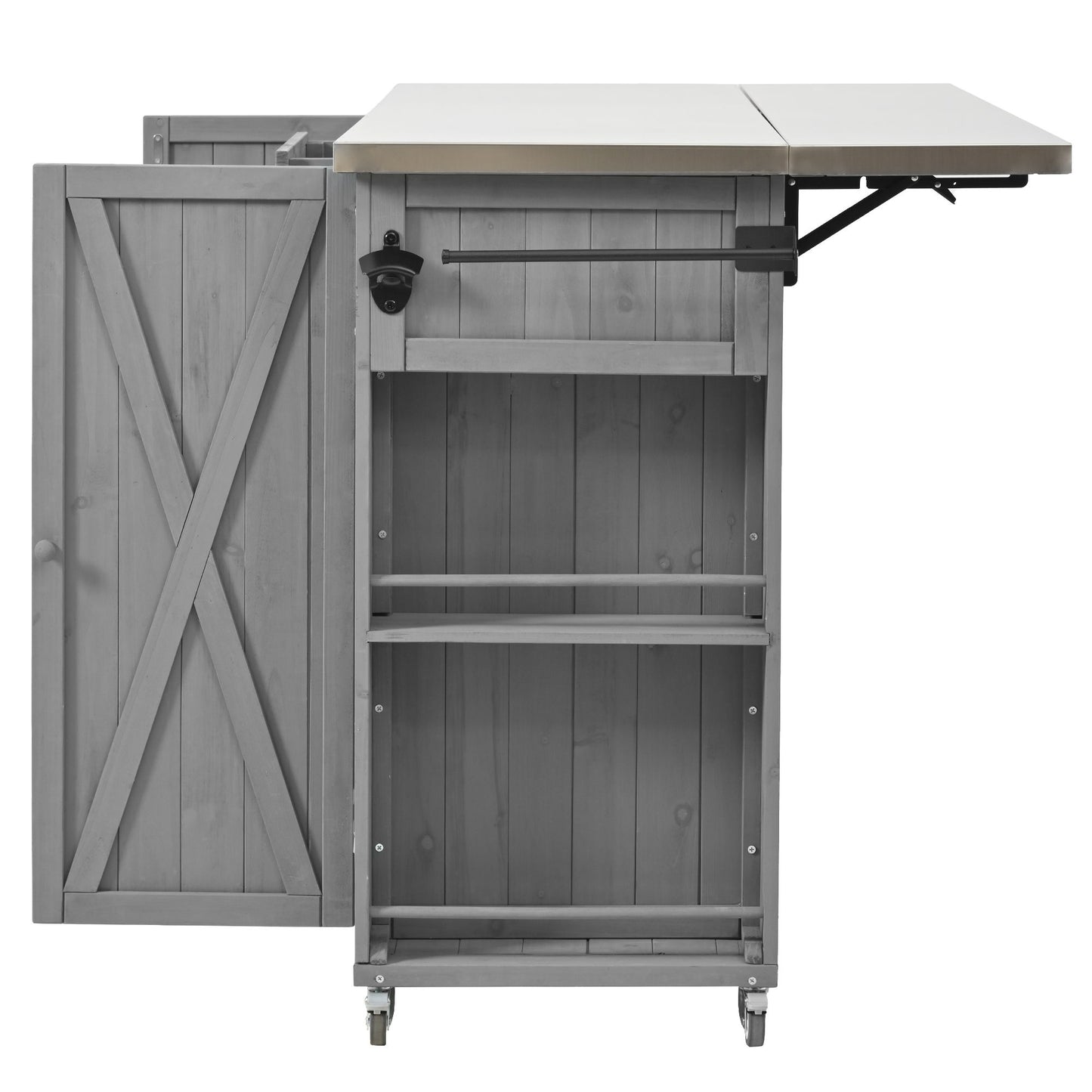 Outdoor Kitchen Island With Stainless Steel Top, Ample Storage Space, Towel And Spice Racks And A Bottle Opener