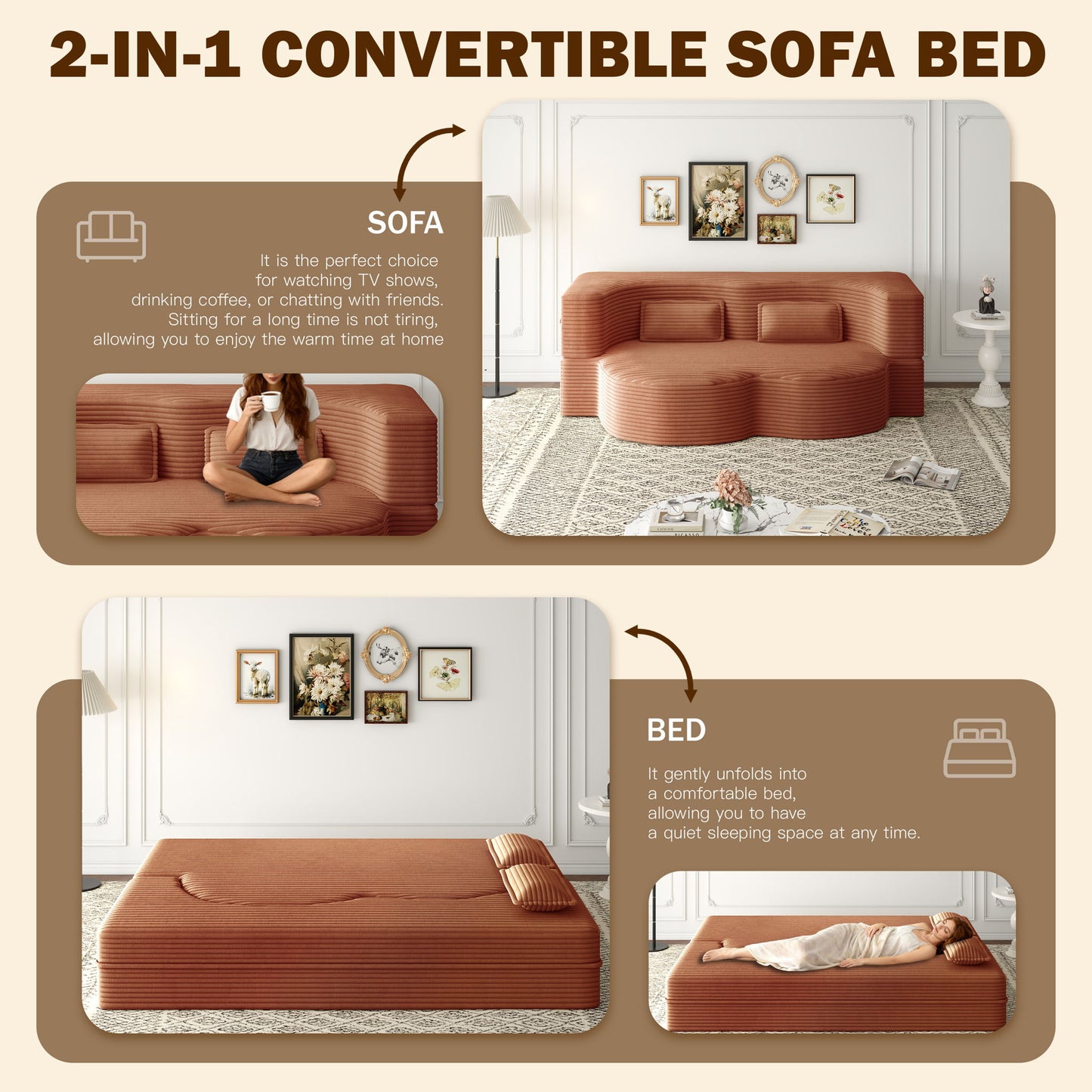Modern Floor Sofa With 2 Pillows, Convertible Twin Size Folding Mattress For Living Room