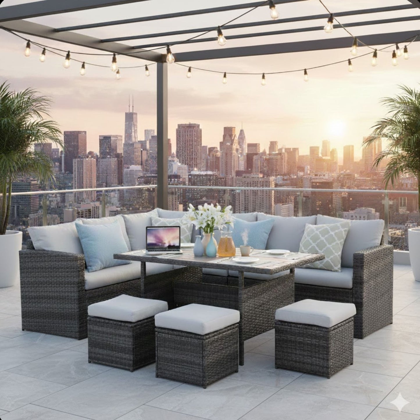 7 Piece Outdoor Dining Set With Cushions, Modular Sectional Sofa And Table