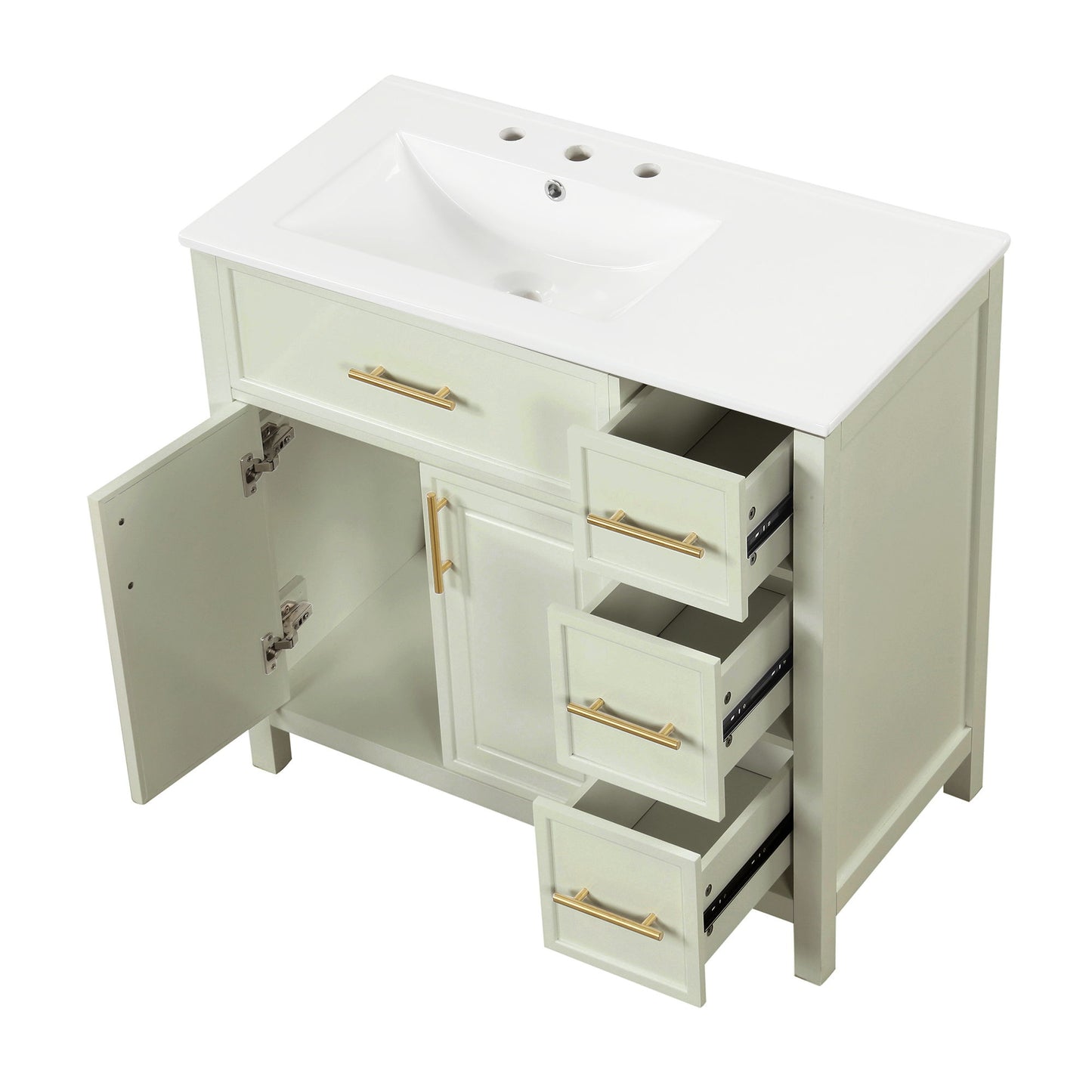 36" Bathroom Vanity With Sink, 2 Doors, 3 Drawers, Rectangular - White