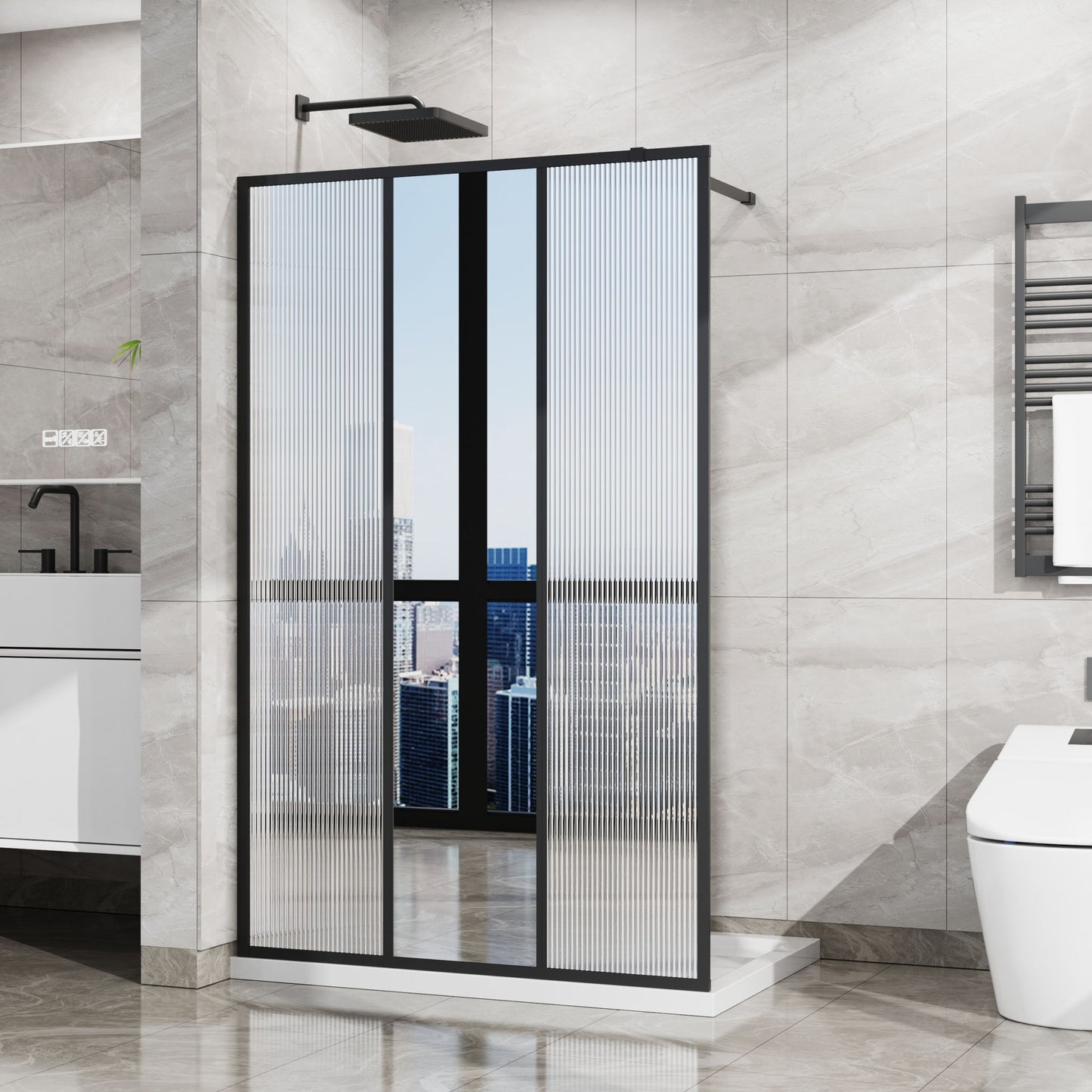 Shower Door With Center Mirror And Fluted Panels