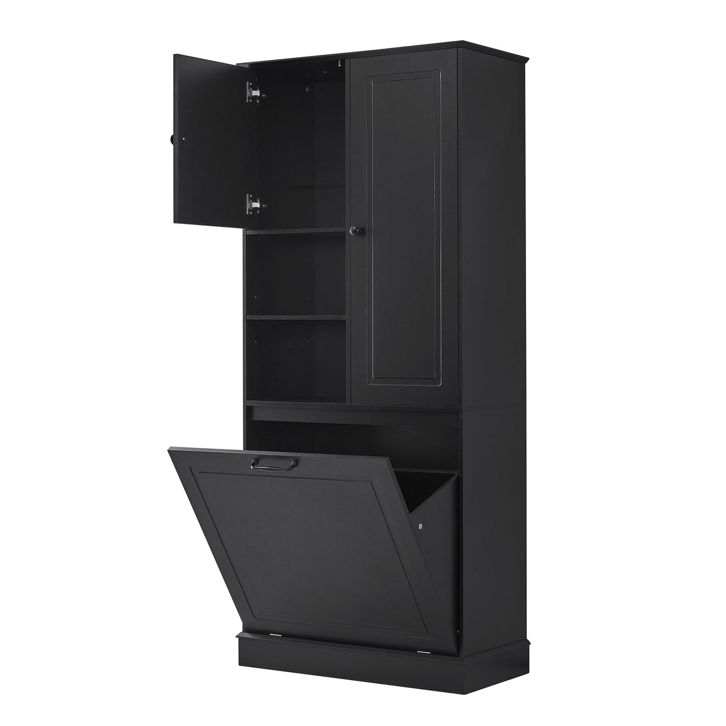 Modern Tall Storage Cabinet With Adjustable Shelves, Flip-Out Basket & Enclosed Doors