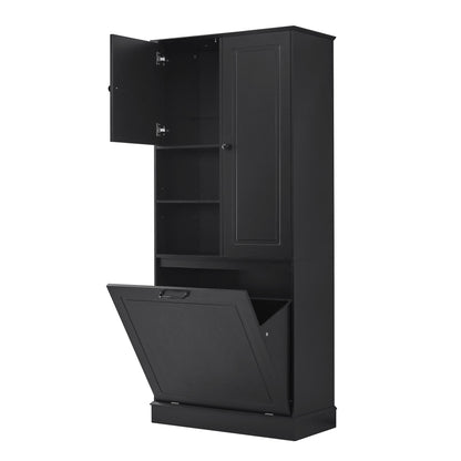Modern Tall Storage Cabinet With Adjustable Shelves, Flip-Out Basket & Enclosed Doors