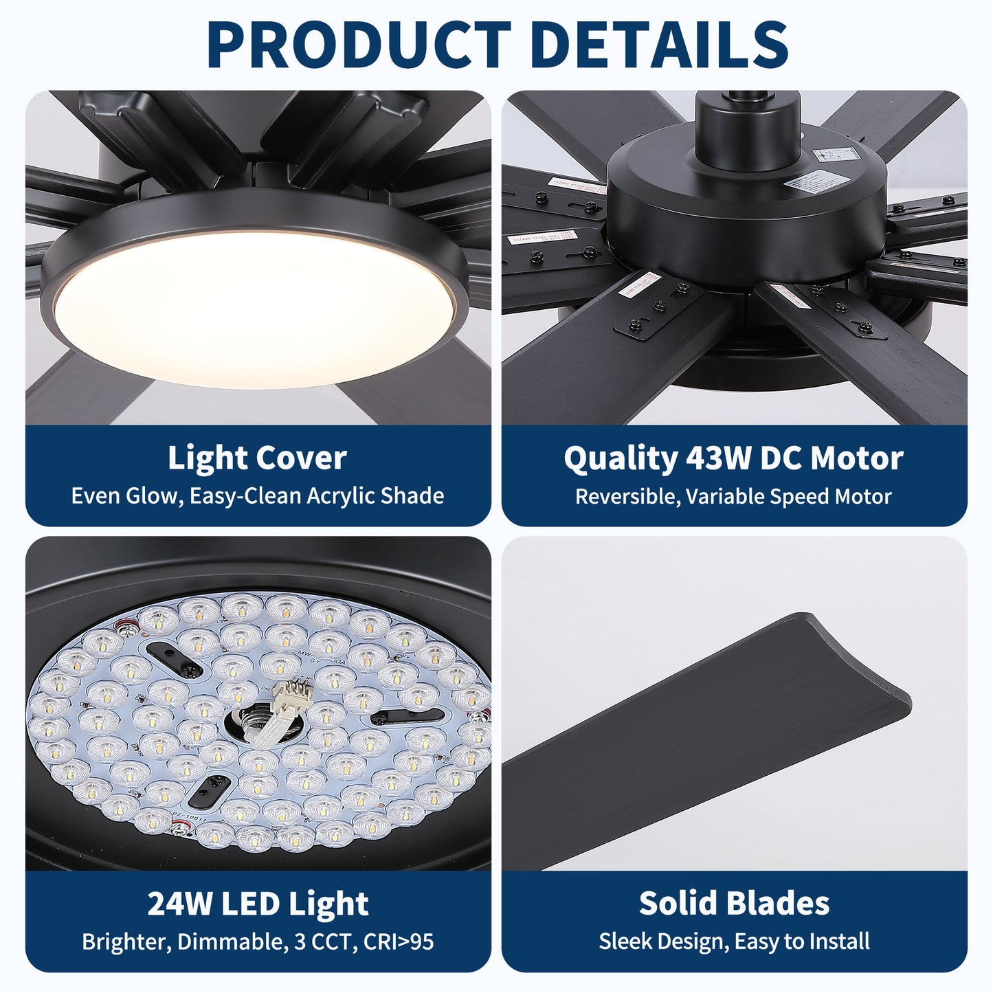 Large Ceiling Fan With Dimmable LED Light 8 Blades Remote Control, Reversible DC Motor