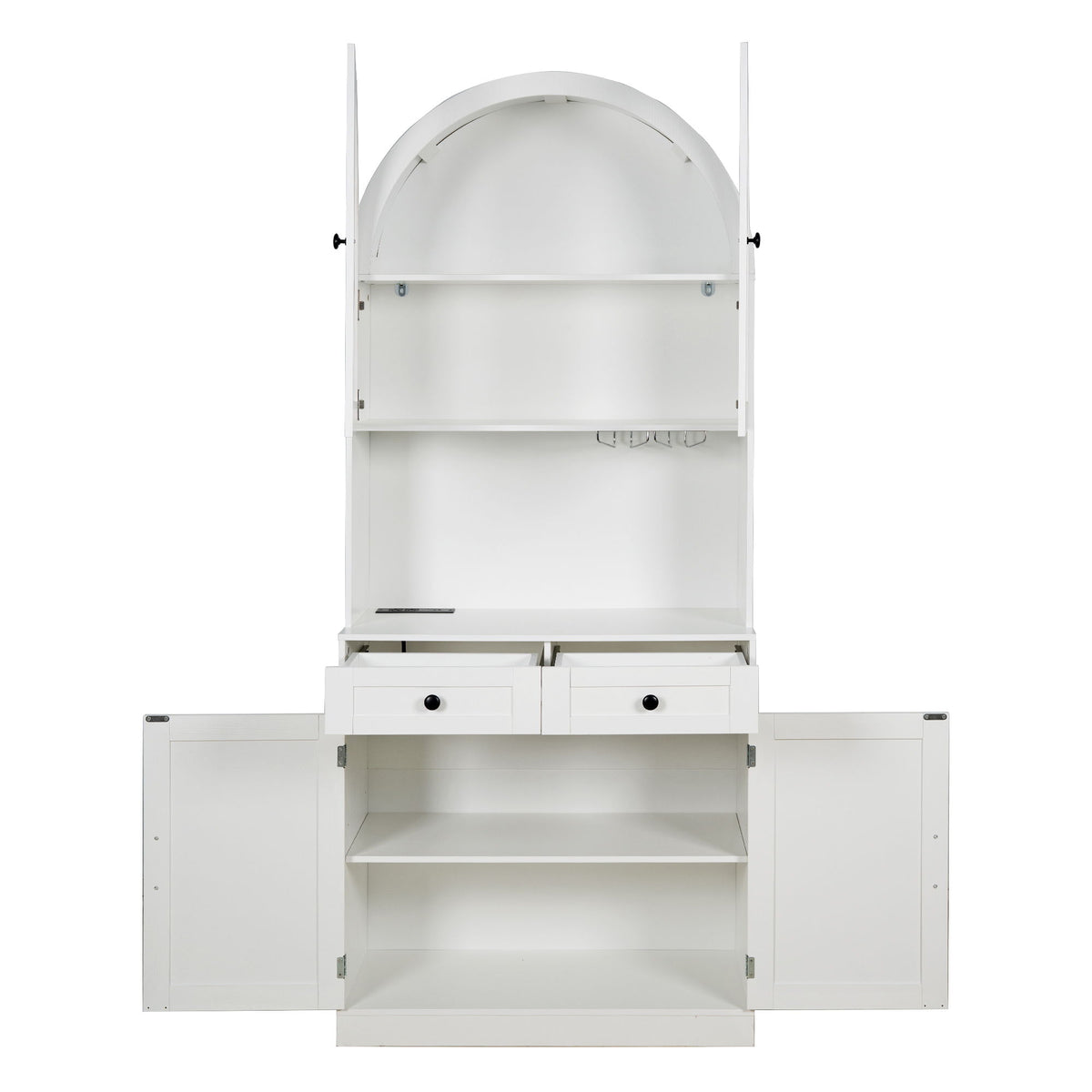 Tall Arched Pantry Cabinet With Charging Station, Adjustable Shelves, Coffee Bar