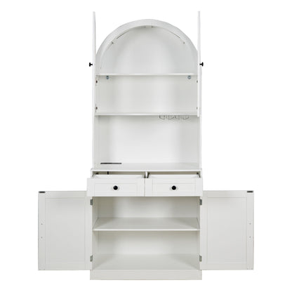 Tall Arched Pantry Cabinet With Charging Station, Adjustable Shelves, Coffee Bar