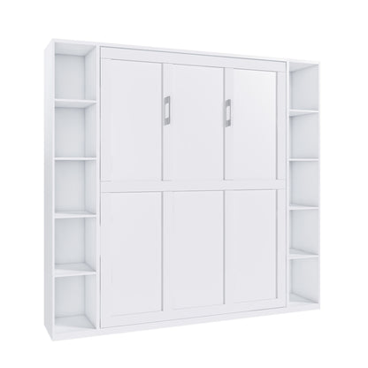 Queen Murphy Bed With Storage Cabinet, Foldable Wall Bed For Bedrooms - White