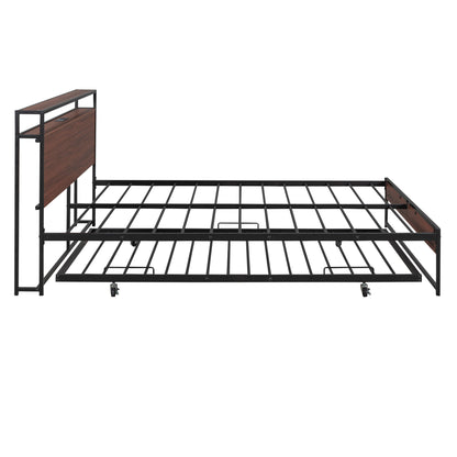 Platform Bed Frame With Trundle, USB Ports And Slat Support, No Box Spring Needed