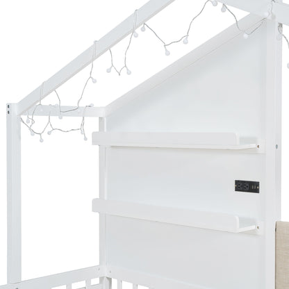 House Bed With Upholstered Sofa, Wireless Charging Station, Shelves And 2 Drawers