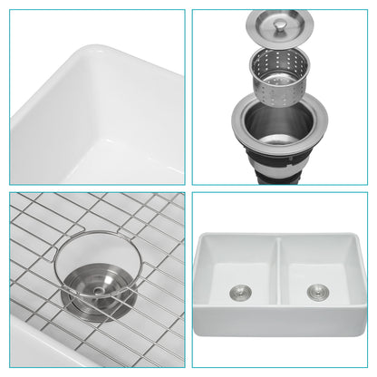 Double Bowl Apron Front Kitchen Sink 32", Sturdy And With Scratch Resistant - White