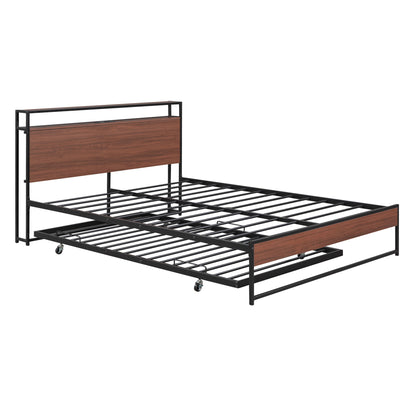 Platform Bed Frame With Trundle, USB Ports And Slat Support, No Box Spring Needed