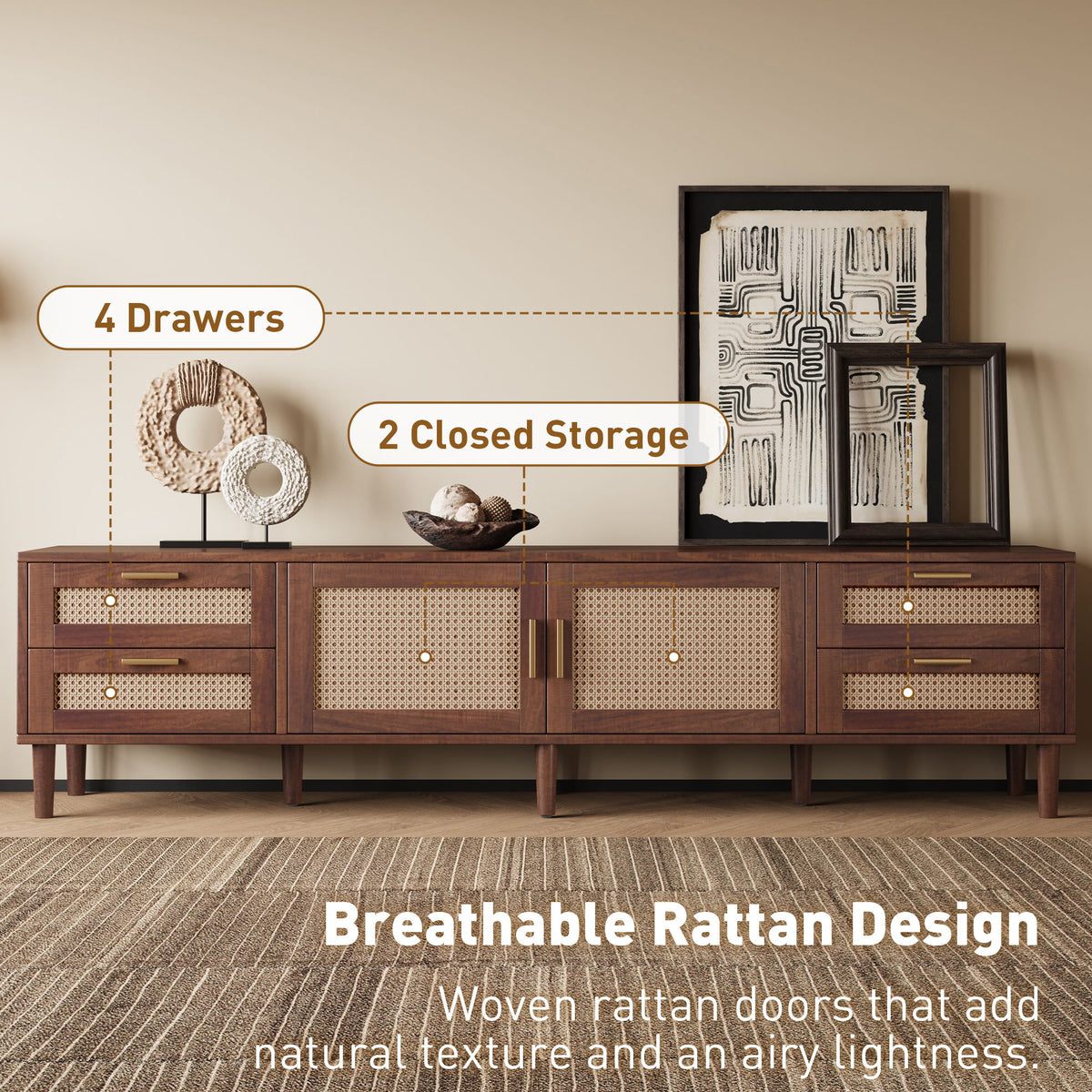 TV Stand, Media Console With 4 Drawers, Soft Closing Hinges - Dark Brown