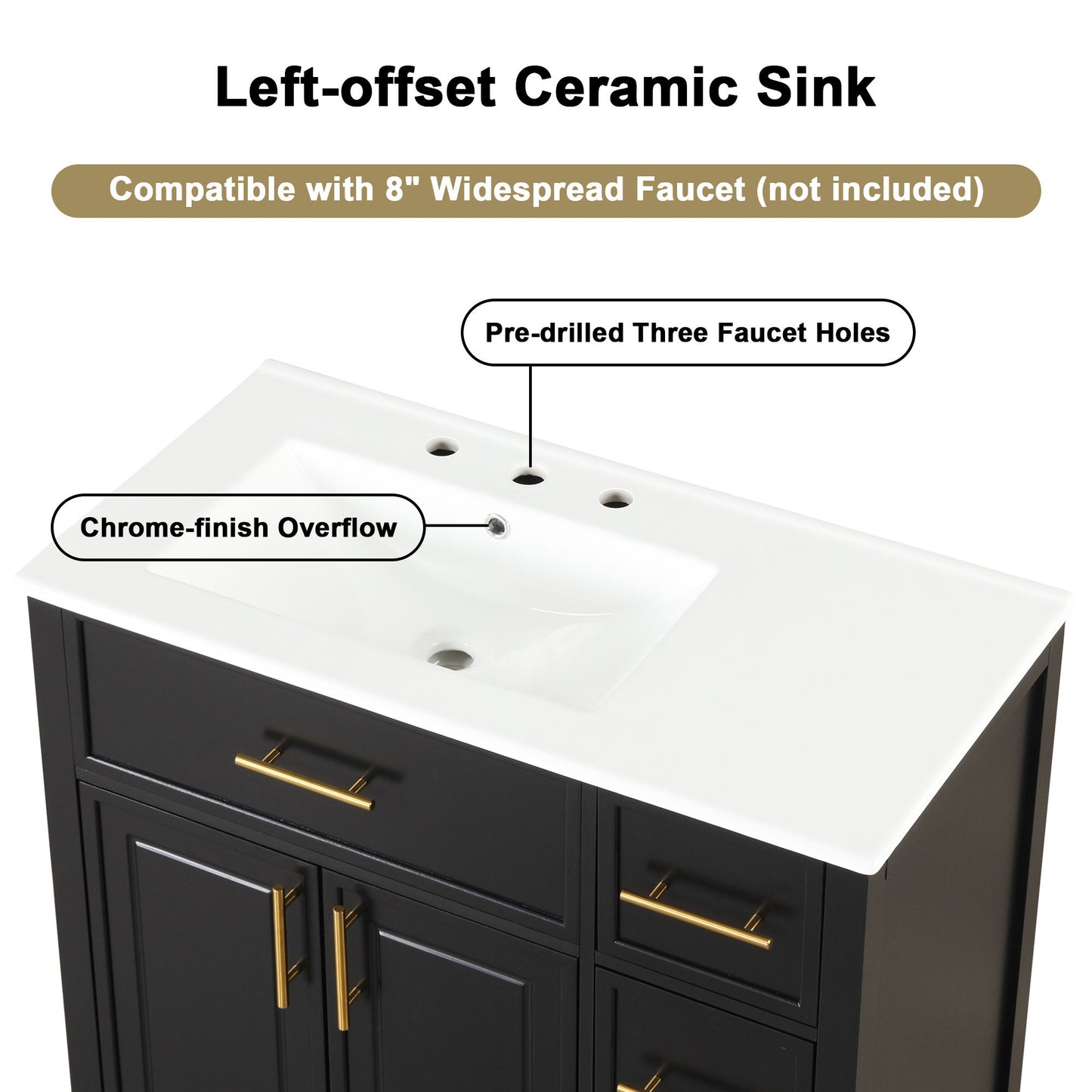 Modern Bathroom Vanity With Sink Top, 2 Doors And 3 Drawers