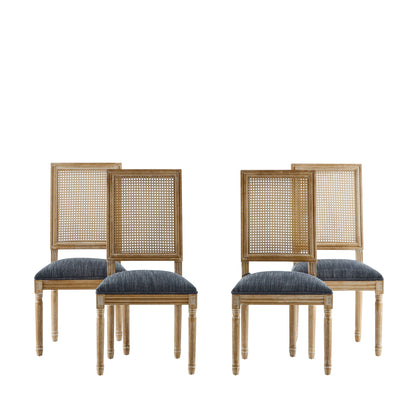French Country Dining Chair With Rectangular Cane Backrest And Smooth Upholstered Seating