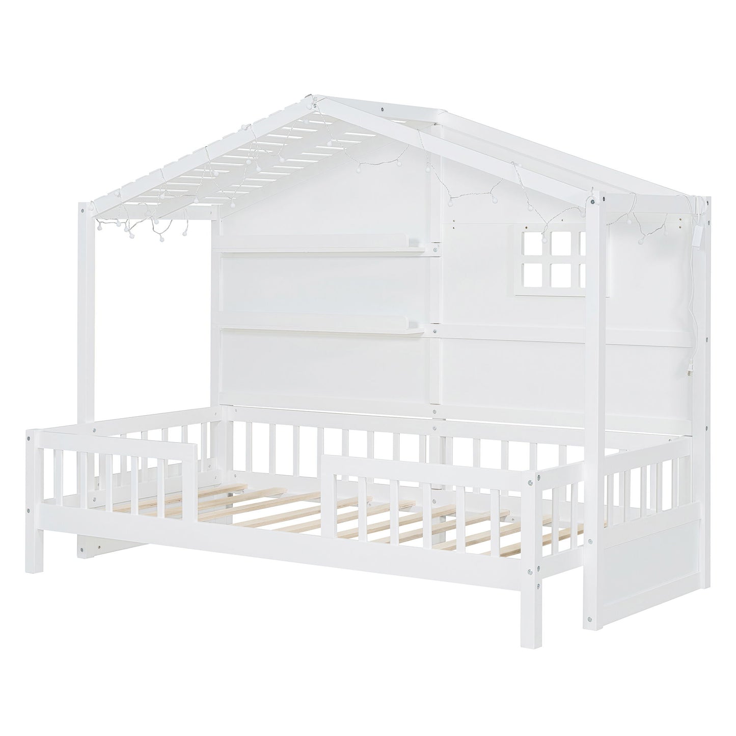 House Bed With Shelves, Window And Sparkling Light Strip On The Roof