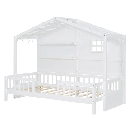 House Bed With Shelves, Window And Sparkling Light Strip On The Roof