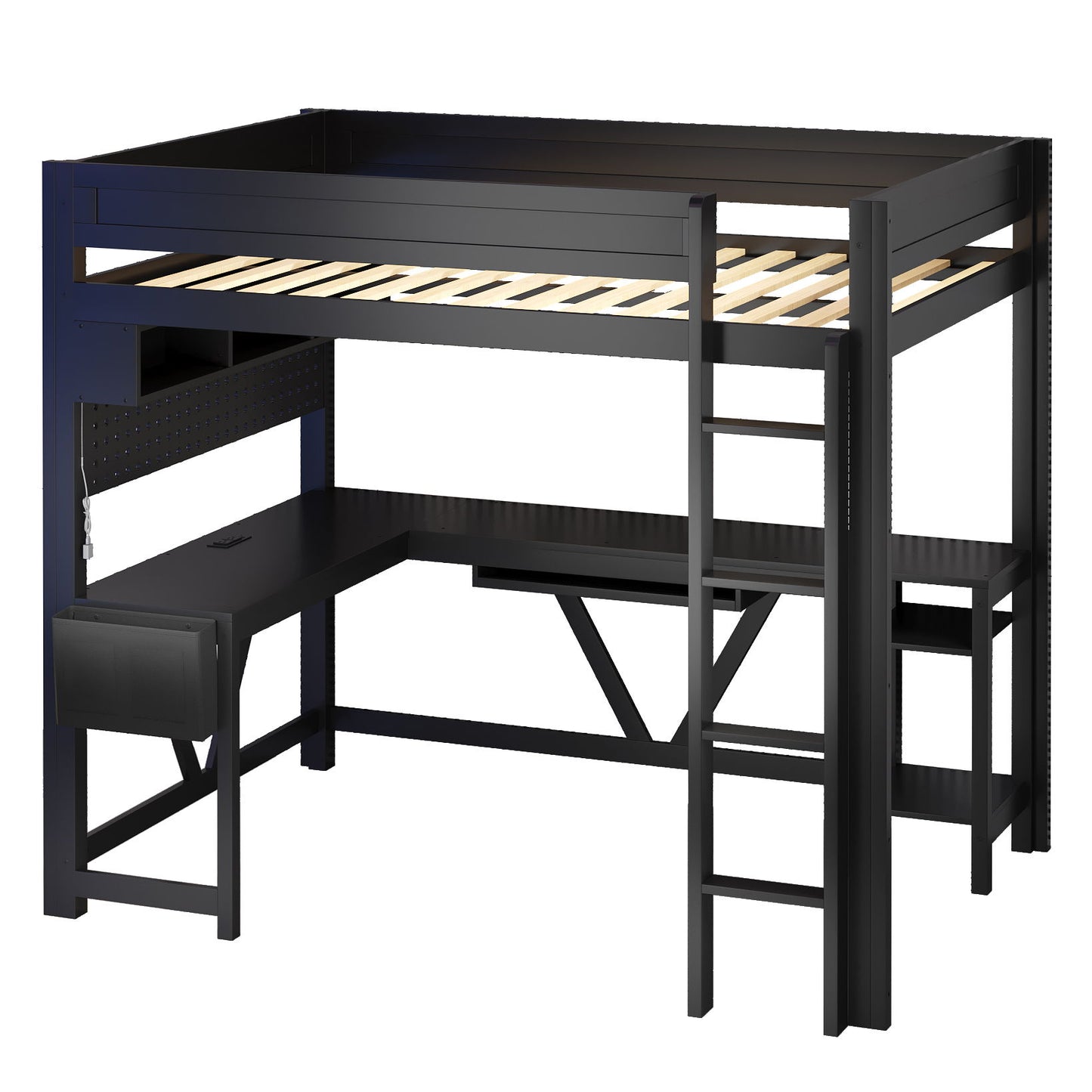 Gaming Loft Bed With Desk, Storage Shelves, LED And Charging Station