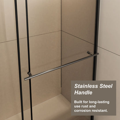 Glass Shower Door, Shower Sliding Door Walk In Shower Screen Dual Usage, 1 / 4" Thick Glass Panel With Stainless Steel Handle, Supporting Bar - Black