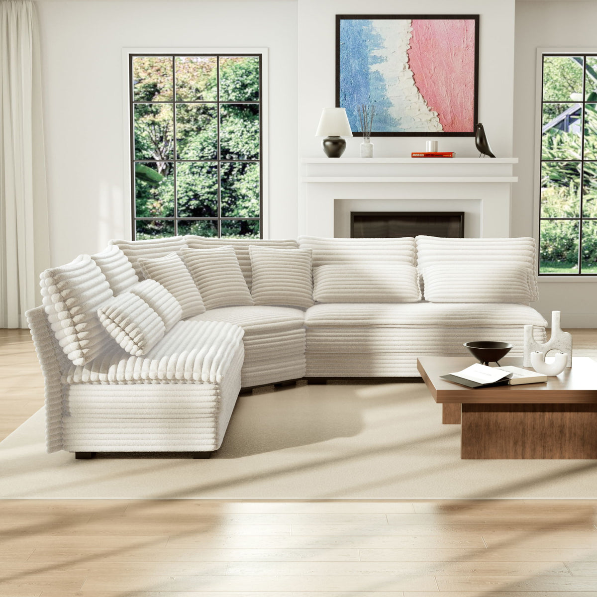 5 Seater L Shaped Sectional Sofa With Curved Corner, 7 Pillows