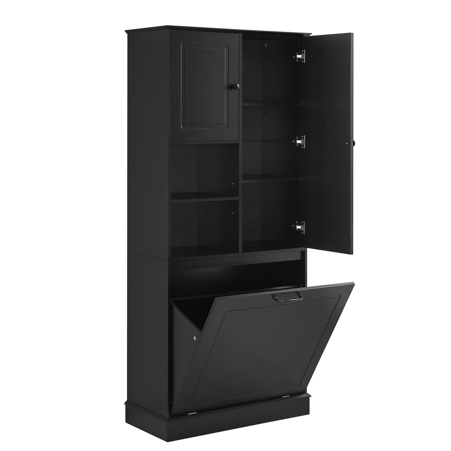 Modern Tall Storage Cabinet With Adjustable Shelves, Flip-Out Basket & Enclosed Doors