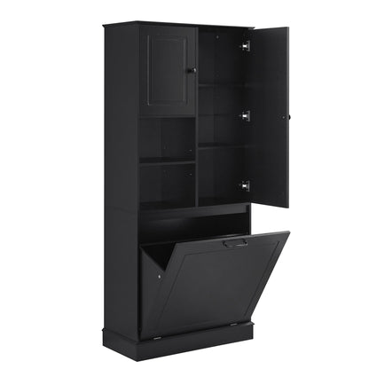 Modern Tall Storage Cabinet With Adjustable Shelves, Flip-Out Basket & Enclosed Doors