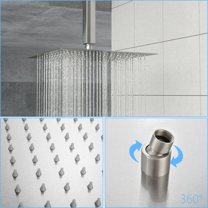 16" Square Rainfall Shower Head Fixed Wall Mount With Full Body Coverage & Self Cleaning Silicone Nozzles