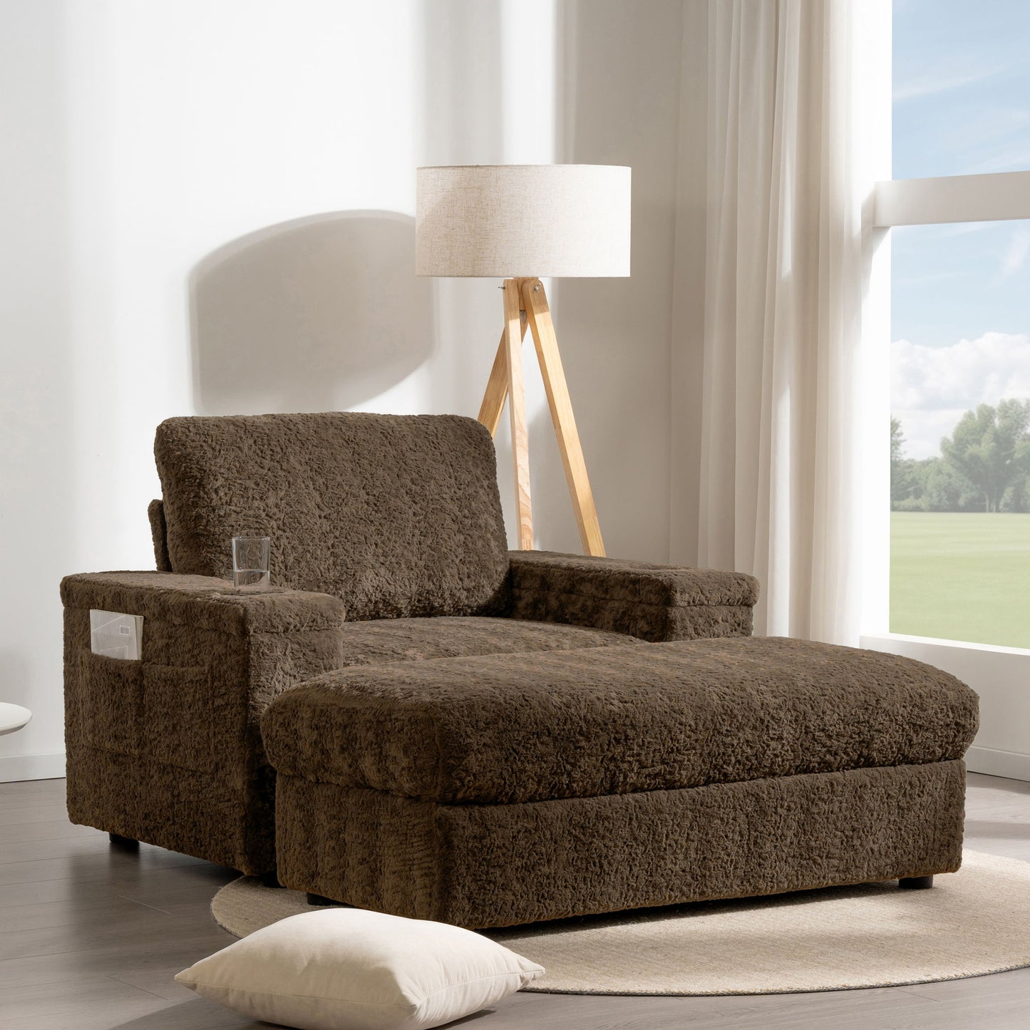 Oversized Chaise Lounge Indoor Rabbit Fur Sofa Bed With Storage Ottoman And Armrests Cup Holders With Deep Seat